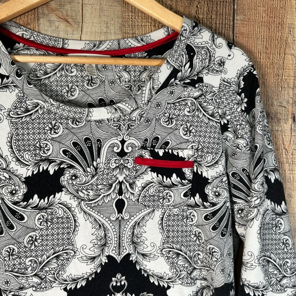 Soma Black White Paisley Sleep Shirt Nightgown Red Trim Loungewear M Nightie